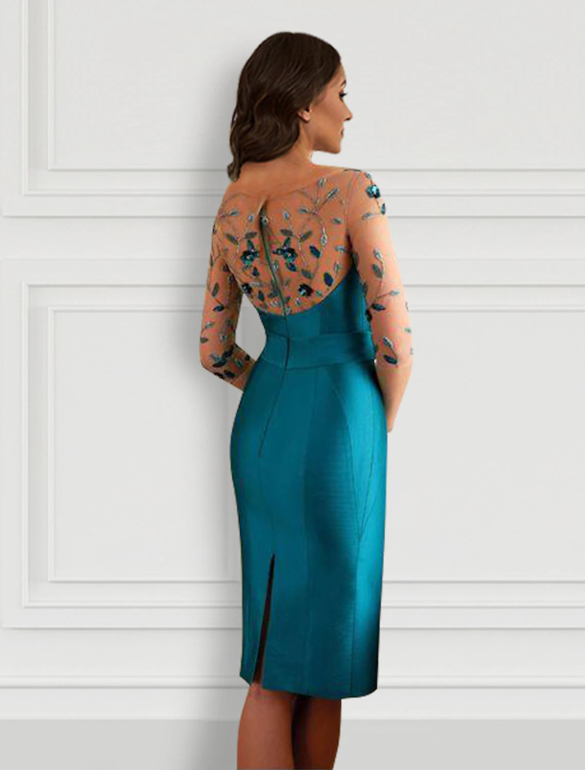 Wholesale Sheath / Column Cocktail Dresses Open Back Dress Formal Knee Length Half Sleeve Jewel Neck Satin with Bow(s) Slit Appliques